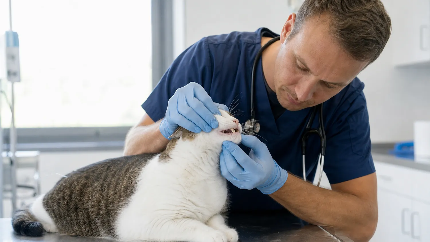 Vétérinaire examinant délicatement la bouche et les gencives d'un chat sur une table de consultation