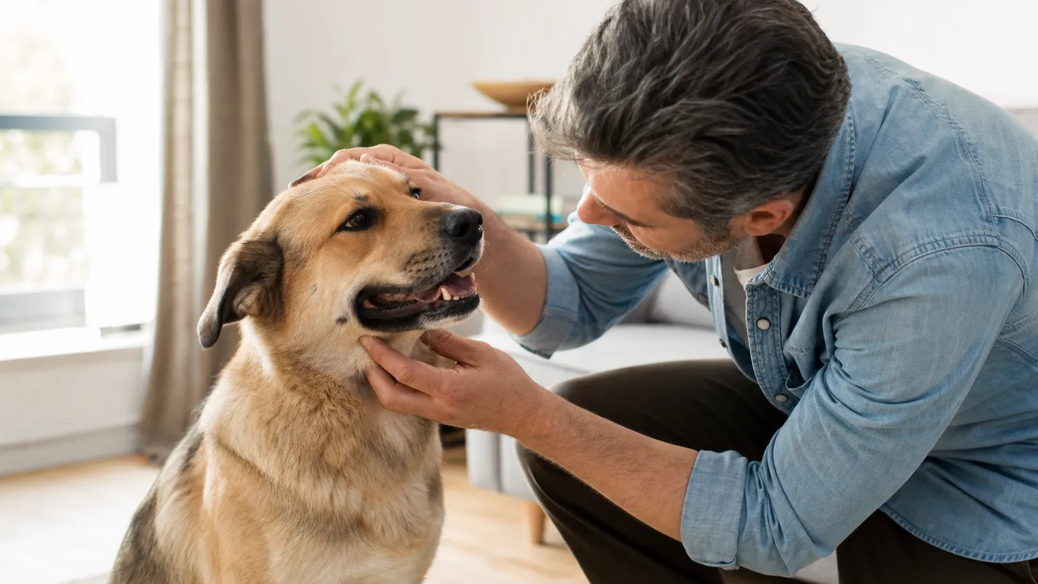Chien de taille moyenne assis, gueule légèrement ouverte, examiné avec attention par son maître à la lumière naturelle