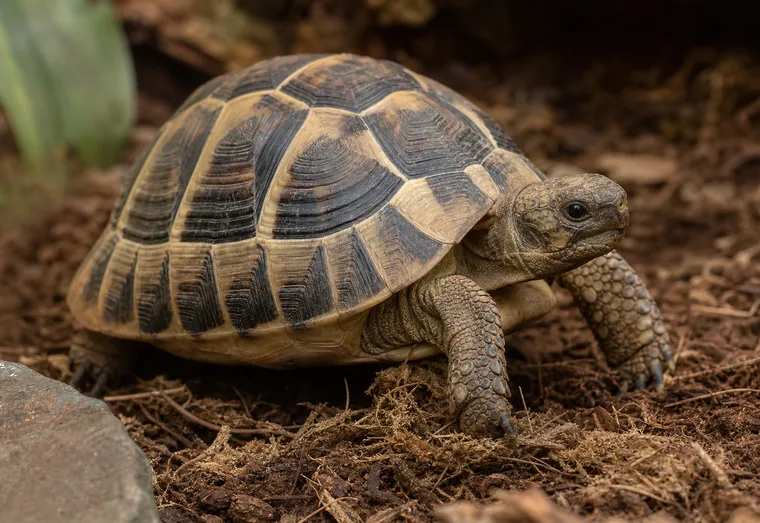 Tortue terrestre observée de près, posée sur un substrat naturel en pleine lumière