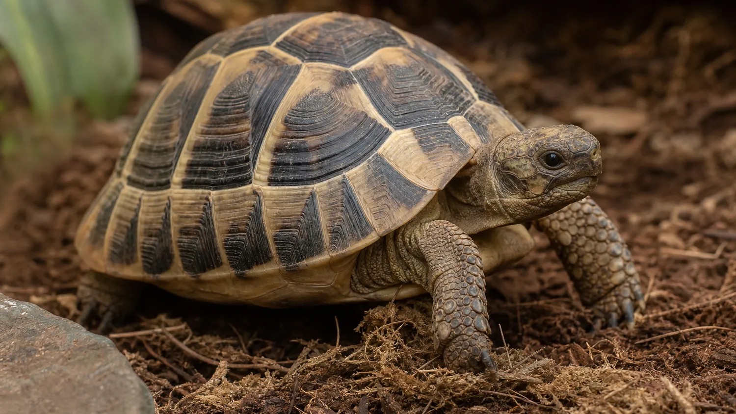 Tortue terrestre observée de près, posée sur un substrat naturel en pleine lumière