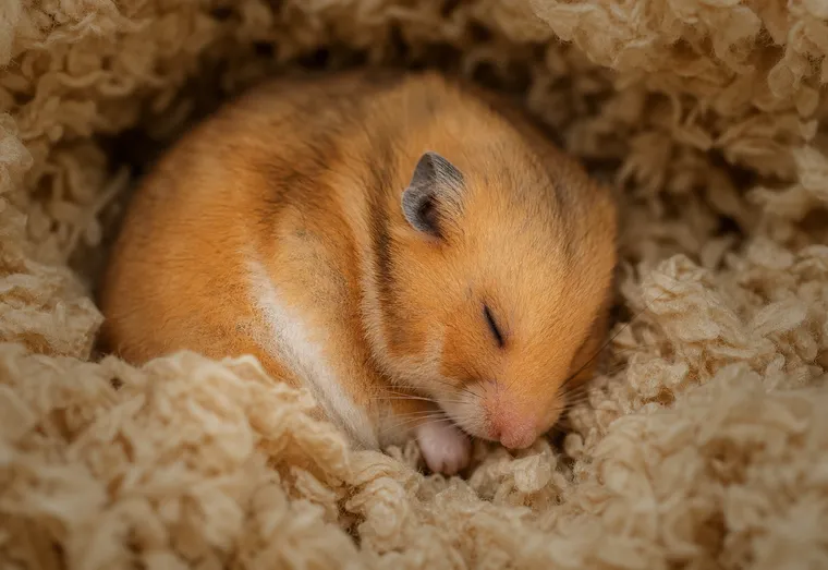 Hamster doré immobile, recroquevillé dans un nid de litière, gros plan en lumière douce