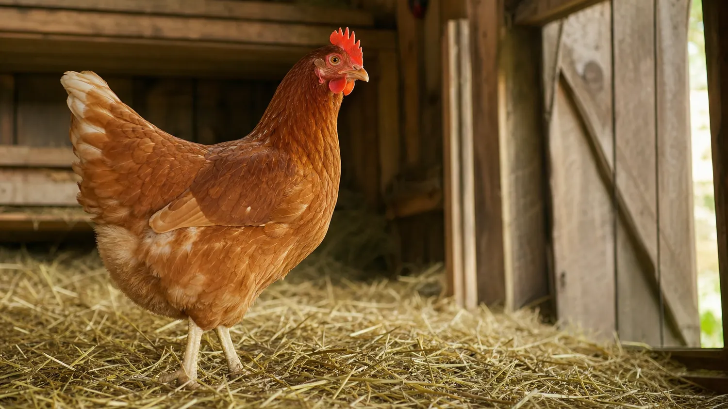 Poule rousse dans un poulailler en bois, entourée de paille, en pleine lumière naturelle