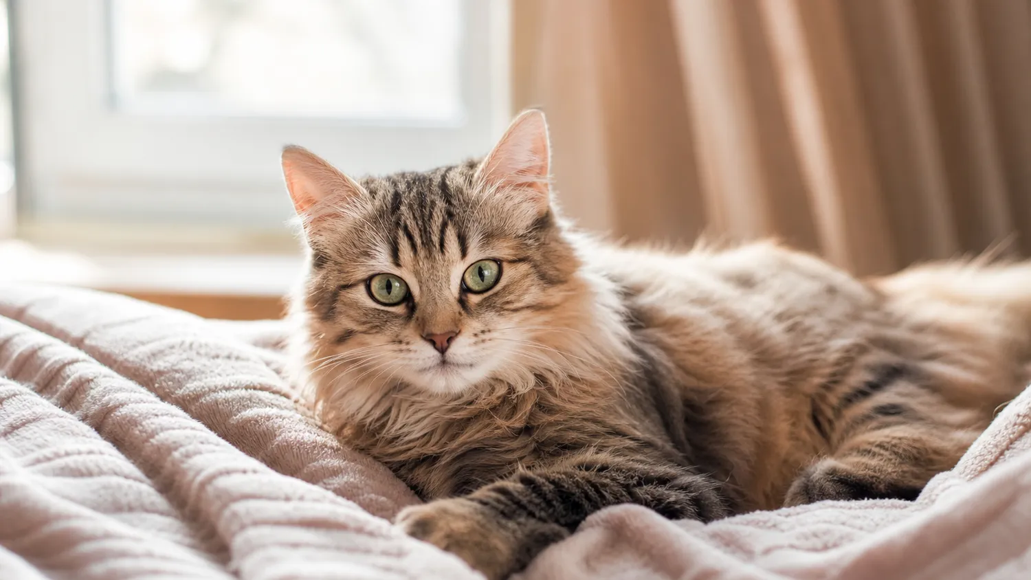 Chat au pelage soyeux allongé calmement sur une couverture, observé de près en lumière naturelle douce