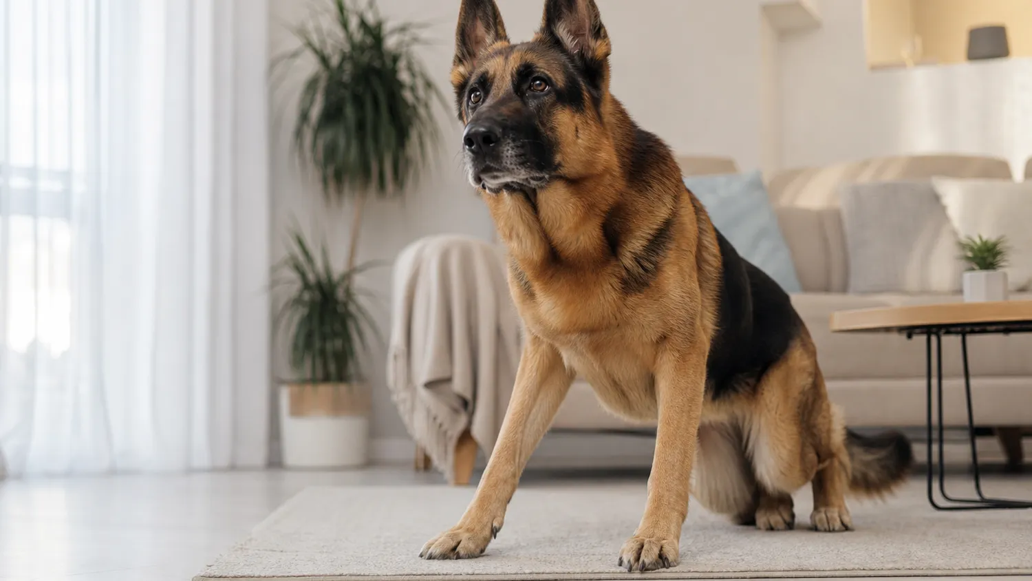 Chien de grande race allongé sur le sol d'un salon, en train de se relever avec attention