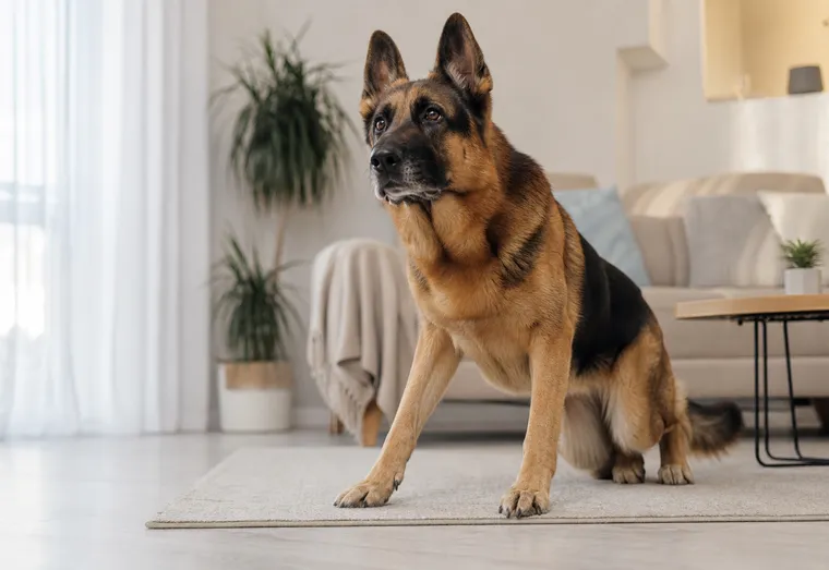Chien de grande race allongé sur le sol d'un salon, en train de se relever avec attention