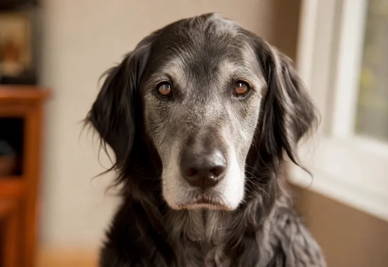 Chien senior au regard attentif, assis calmement à l'intérieur, lumière naturelle douce