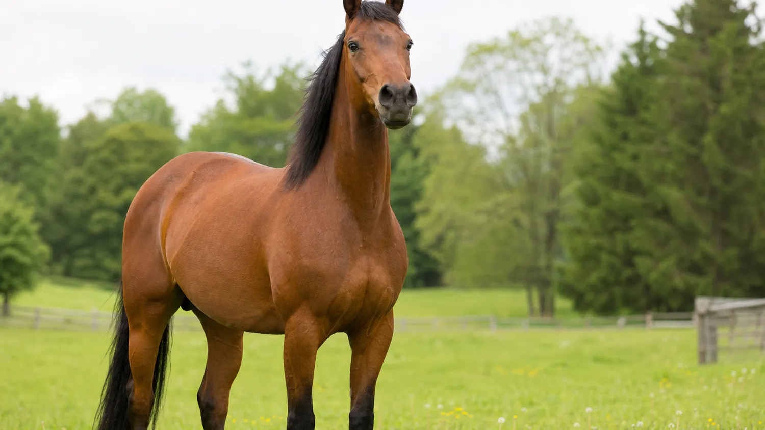Cheval brun dans un pré verdoyant, tête relevée et naseaux ouverts, en pleine lumière naturelle