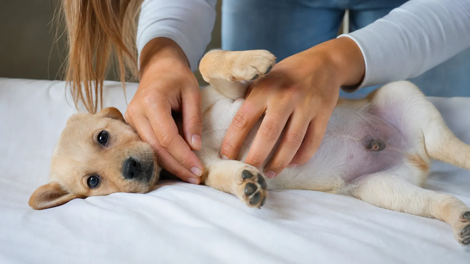 Chiot allongé sur le dos, ventre exposé, examiné avec attention en pleine lumière naturelle