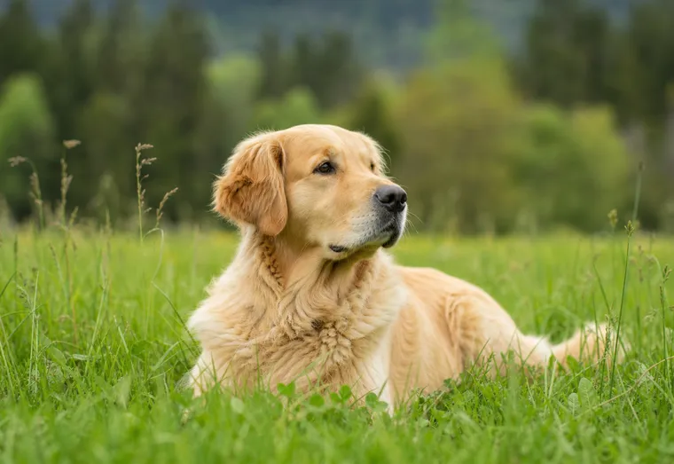 Chien allongé calmement dans l'herbe, observé de près en pleine lumière naturelle