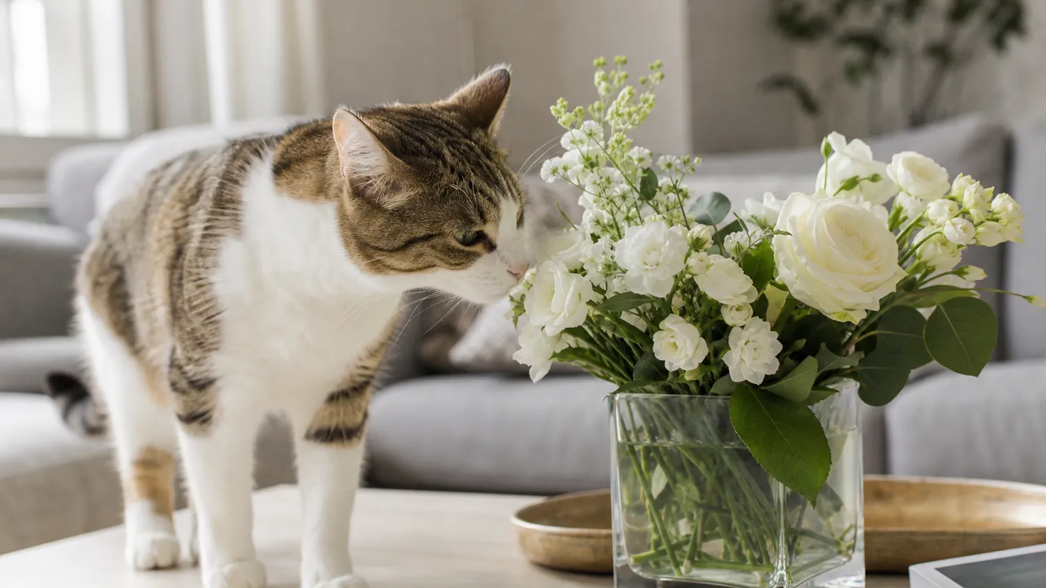 Chat curieux qui s'approche d'un bouquet de fleurs blanches posé sur une table, en lumière naturelle douce