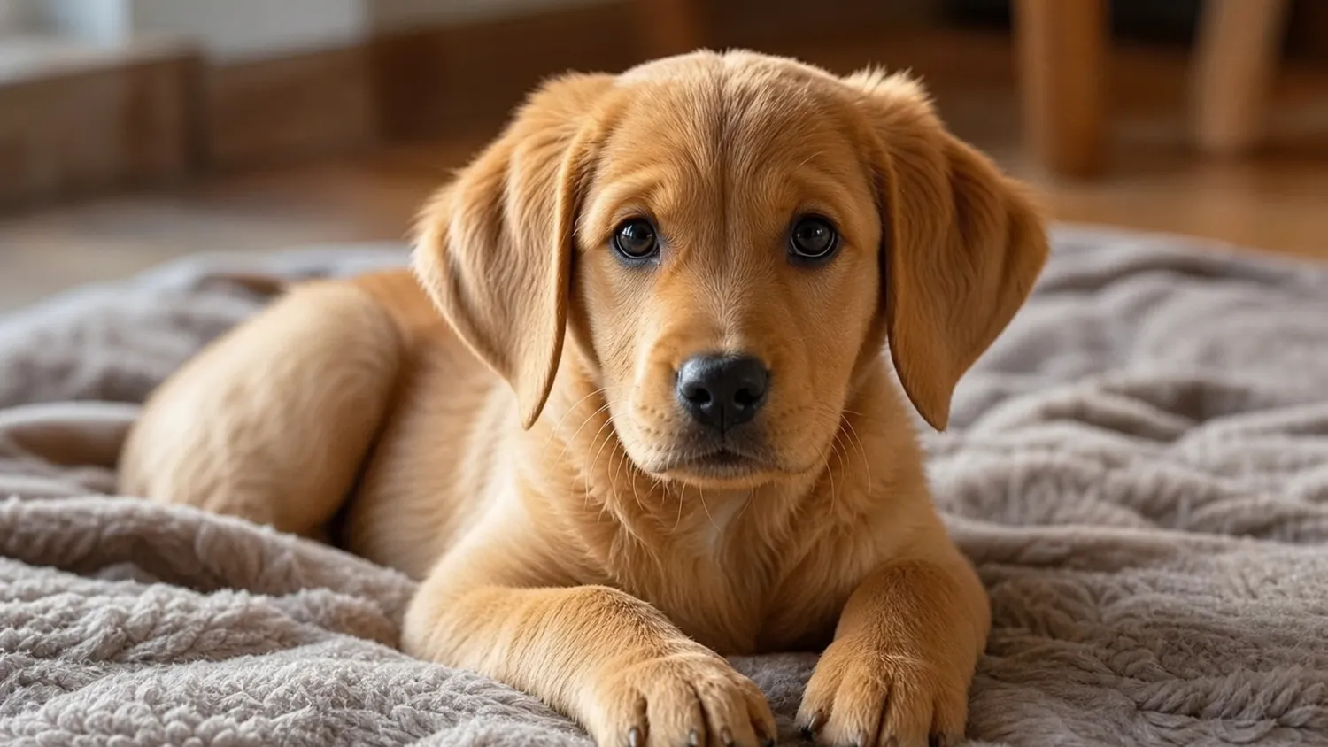 Chiot allongé calmement sur une couverture douce à l'intérieur, en pleine lumière naturelle