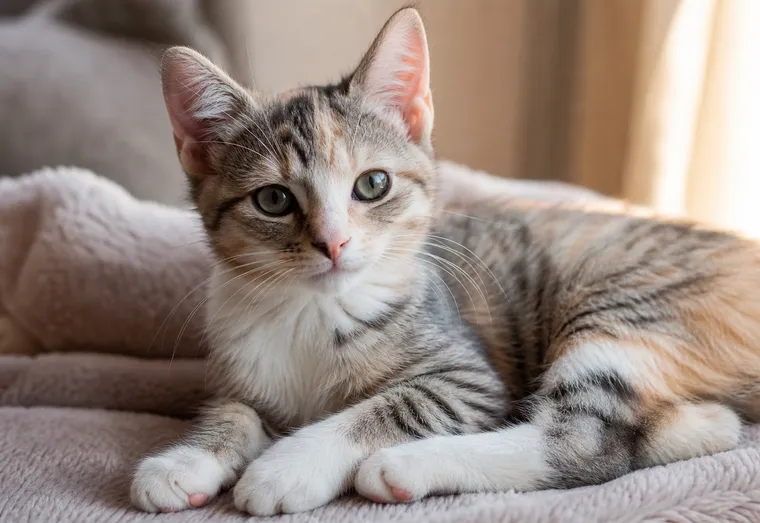 Chaton allongé calmement sur une couverture douce à l'intérieur, en pleine lumière naturelle