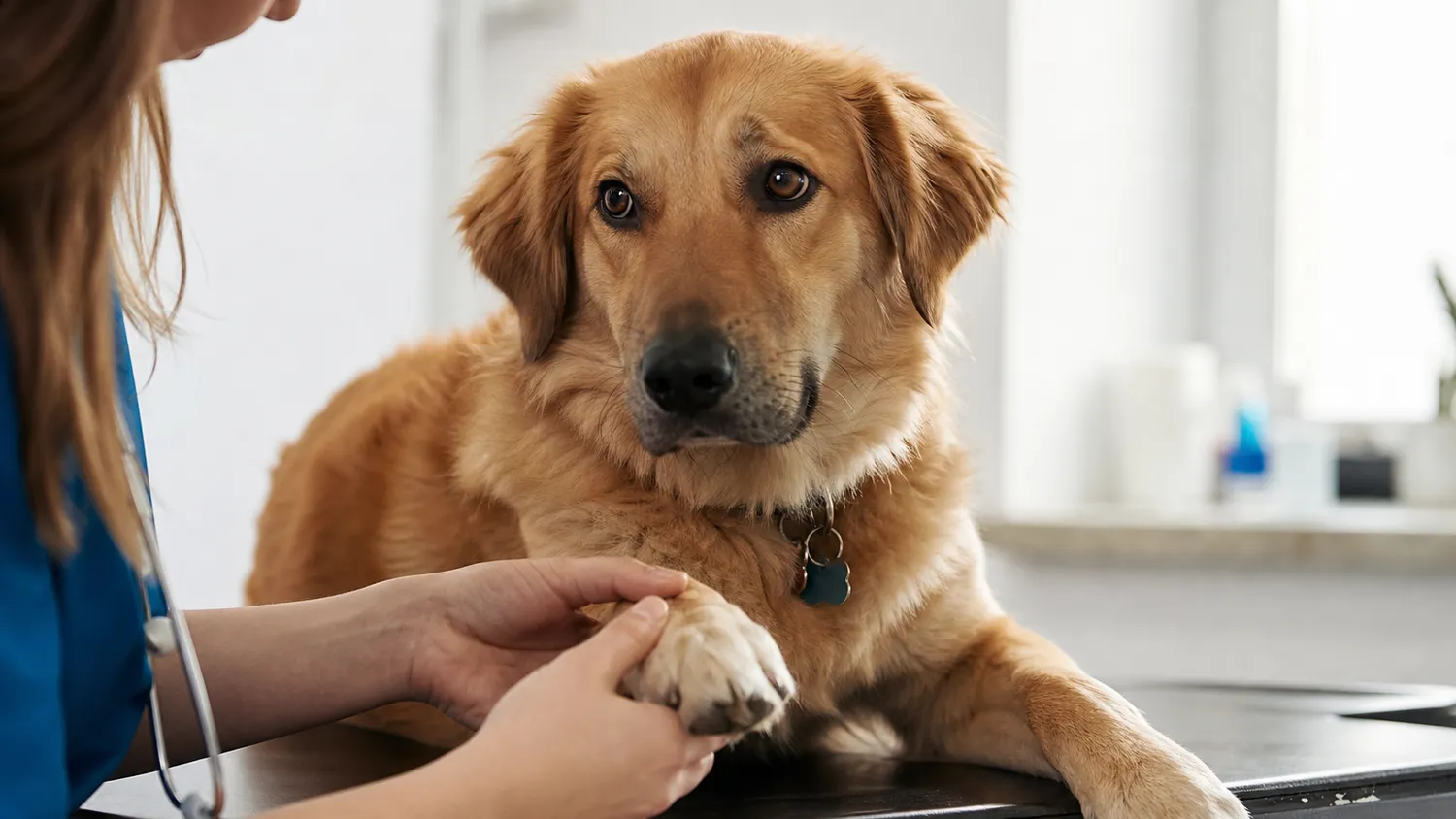 Chien allongé calmement, patte tendue, examiné avec attention en pleine lumière naturelle