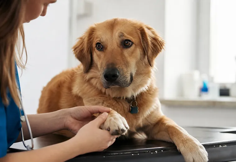 Chien allongé calmement, patte tendue, examiné avec attention en pleine lumière naturelle