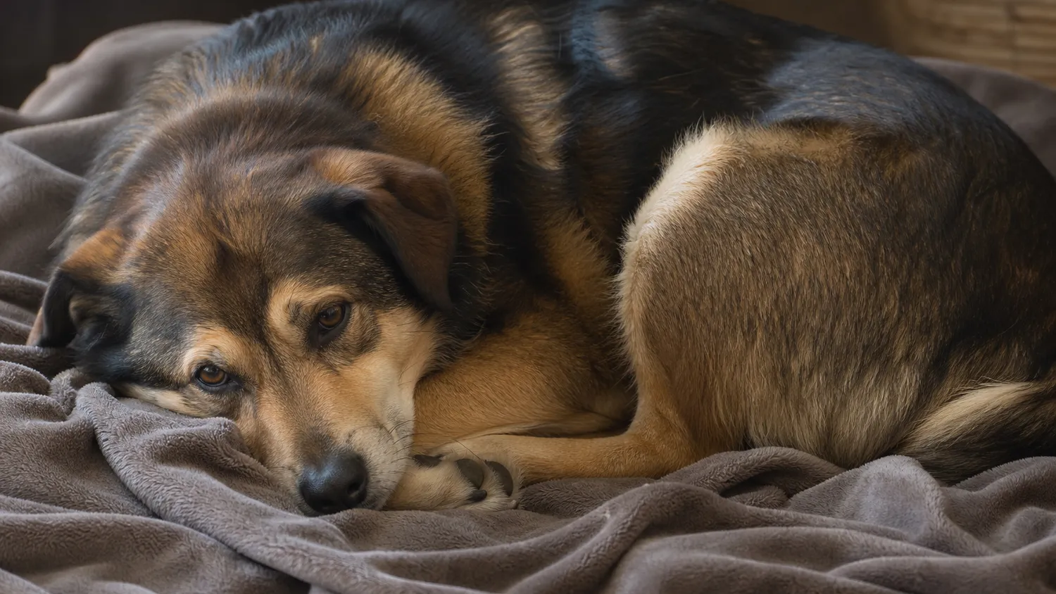 Chien couché sur le flanc, position recroquevillée, en pleine lumière naturelle douce