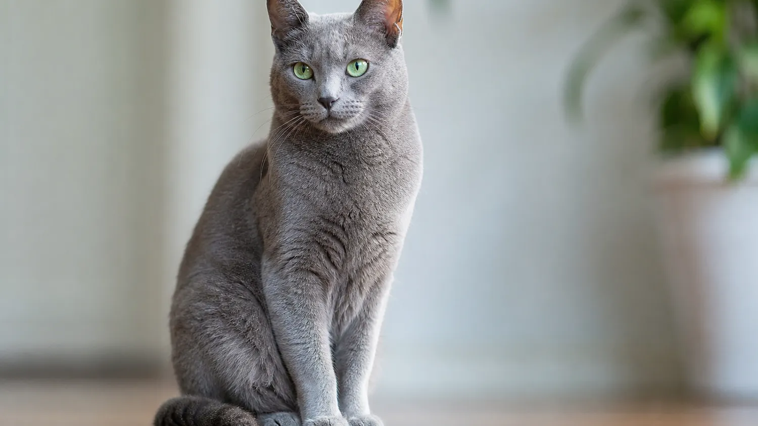Chat au pelage gris assis calmement à l'intérieur, gueule fermée, en pleine lumière naturelle douce