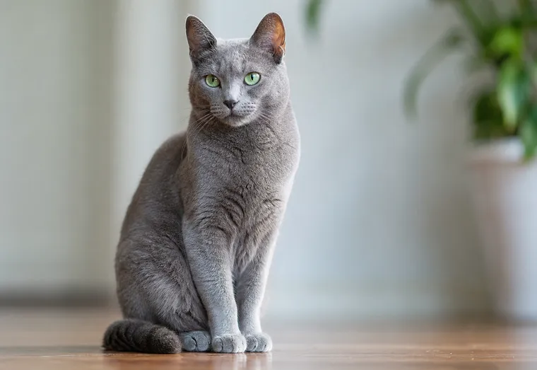Chat au pelage gris assis calmement à l'intérieur, gueule fermée, en pleine lumière naturelle douce