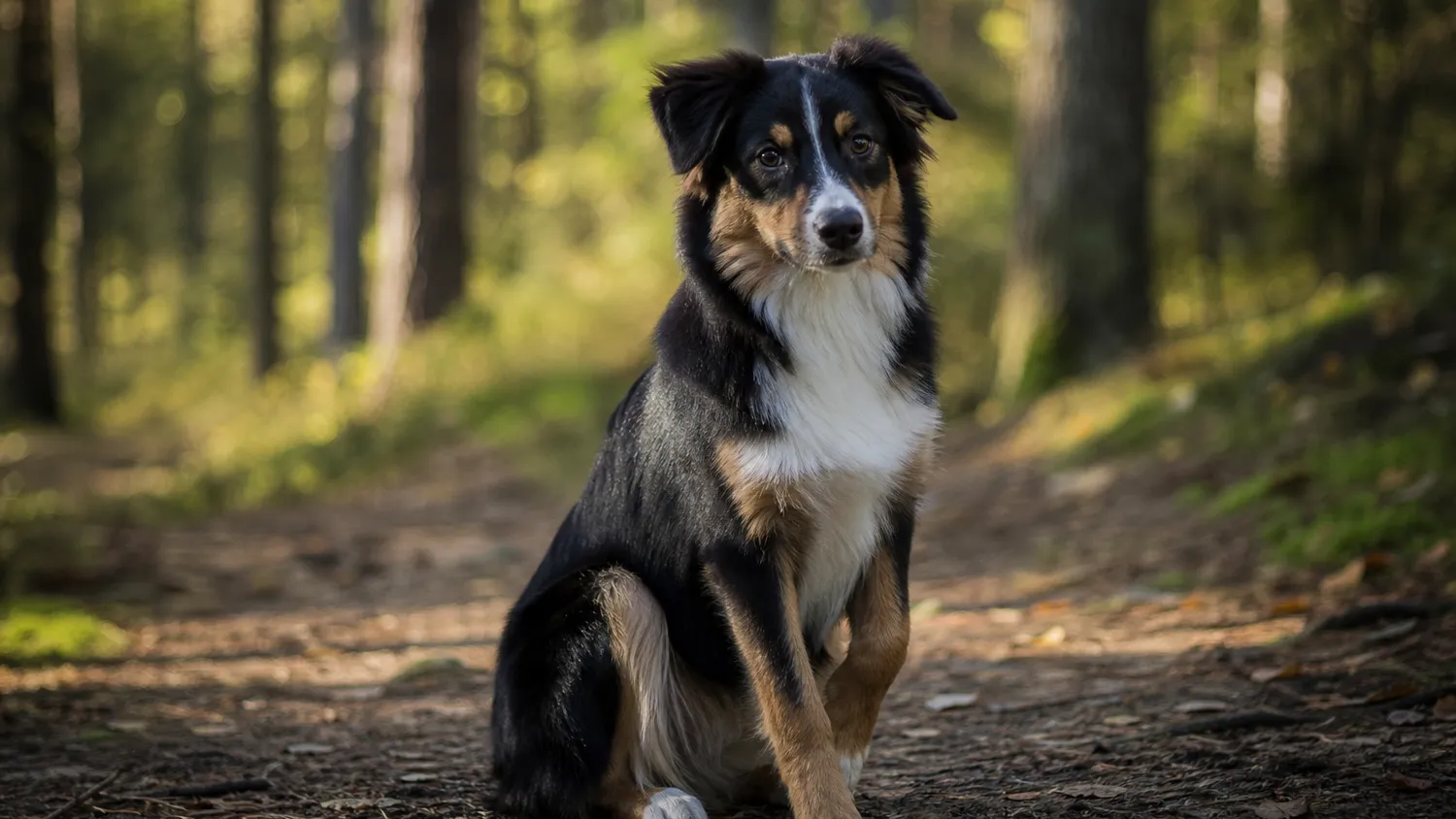 Chien assis sur un chemin forestier, patte légèrement repliée, en pleine lumière naturelle