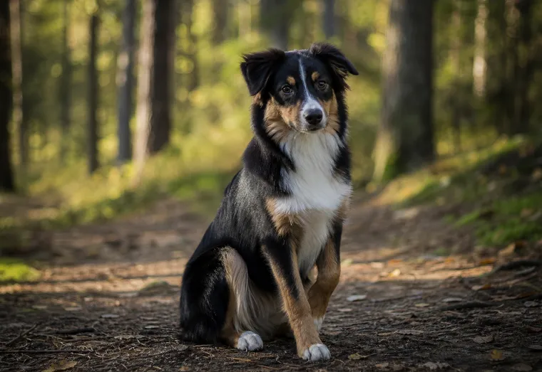 Chien assis sur un chemin forestier, patte légèrement repliée, en pleine lumière naturelle