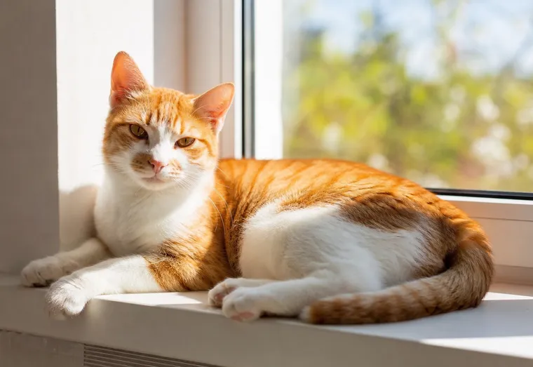 Chat au pelage roux et blanc allongé calmement sur un rebord de fenêtre, en pleine lumière naturelle douce