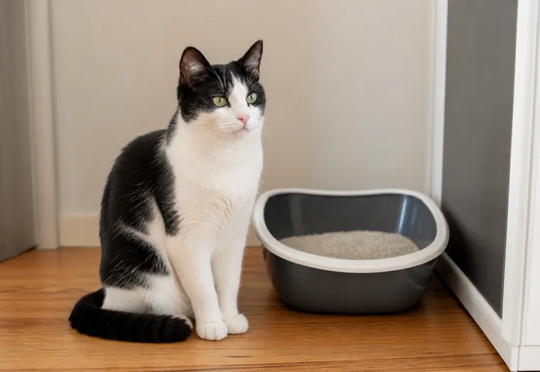 Chat au pelage noir et blanc assis calmement près de sa litière, en pleine lumière naturelle douce