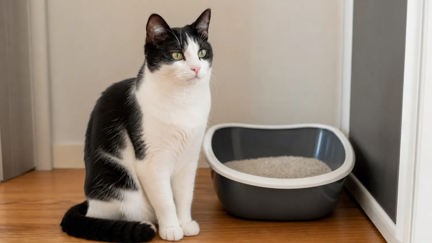 Chat au pelage noir et blanc assis calmement près de sa litière, en pleine lumière naturelle douce