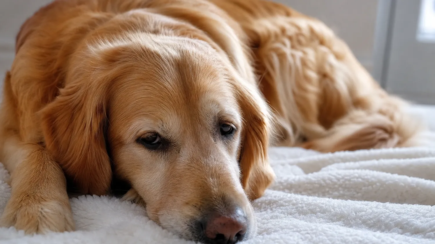 Chienne allongée calmement sur une couverture douce à l'intérieur, en pleine lumière naturelle