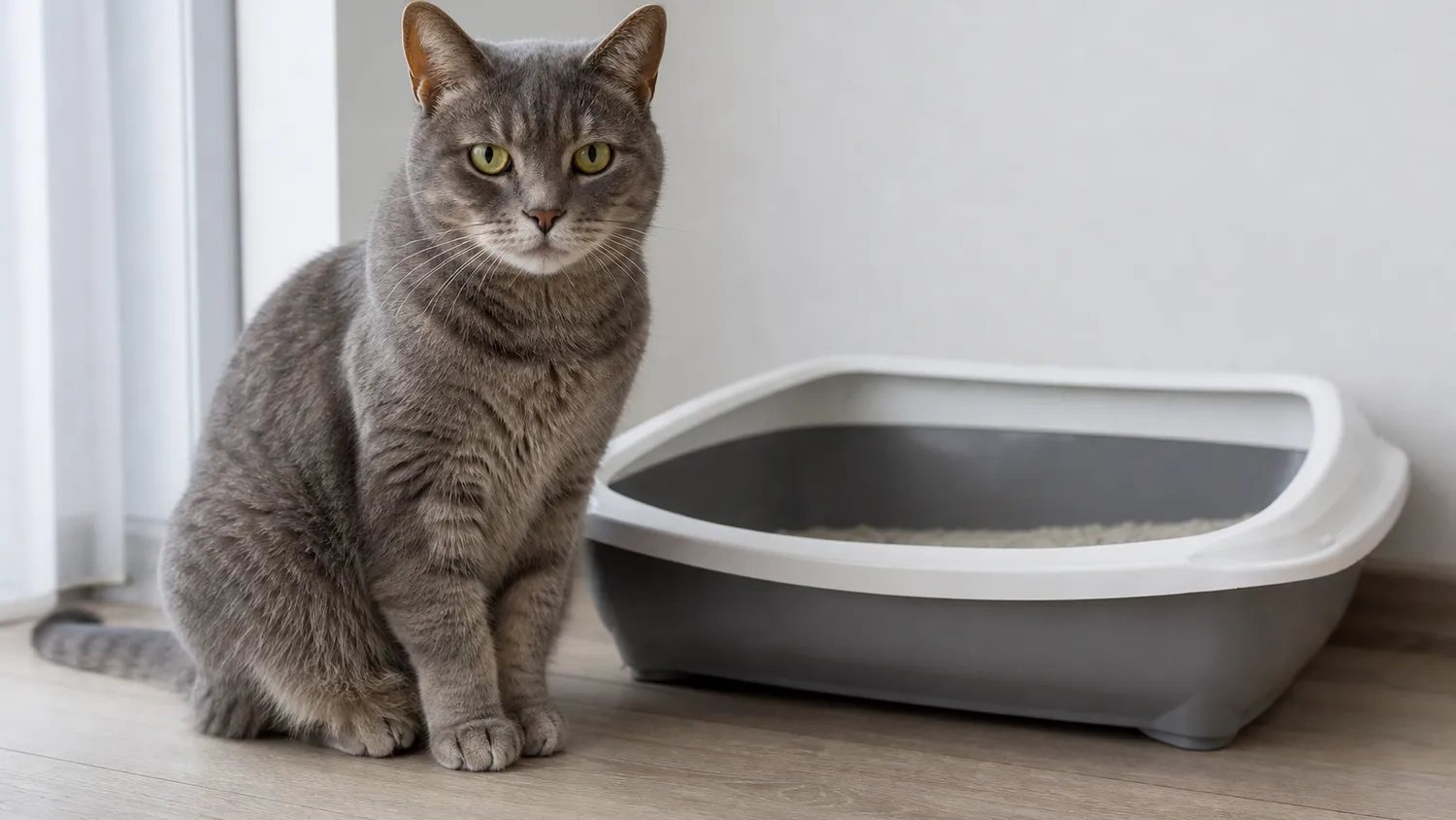 Chat gris assis calmement près de sa litière à l'intérieur, en pleine lumière naturelle douce