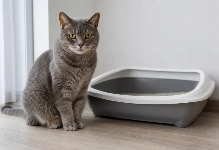 Chat gris assis calmement près de sa litière à l'intérieur, en pleine lumière naturelle douce