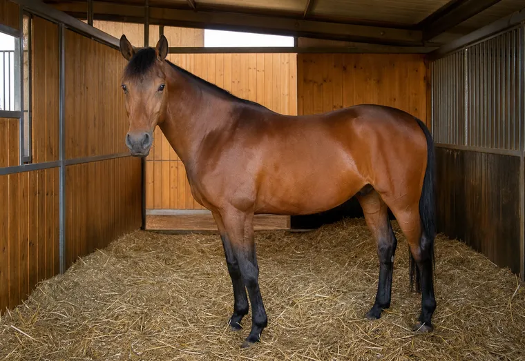 Cheval brun dans un box en pleine lumière naturelle, jambes visibles, à l'intérieur d'une écurie