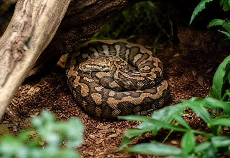 Serpent au corps orné de motifs bruns et beiges enroulé sur un substrat naturel, en pleine lumière douce