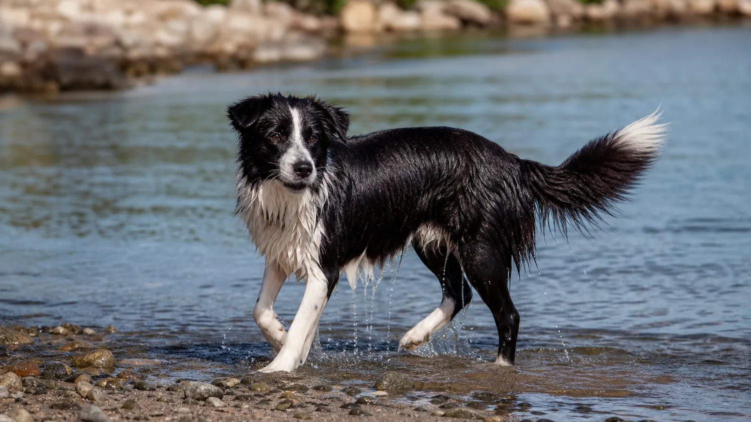 Chien au pelage noir et blanc sortant de l'eau, corps mouillé, en pleine lumière naturelle extérieure