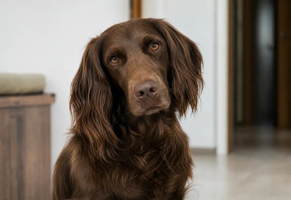 Chien aux oreilles tombantes et pelage brun assis à l'intérieur, tête légèrement inclinée, en lumière naturelle