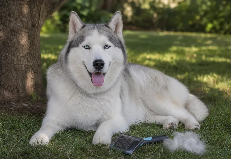 Husky sibérien au pelage épais allongé à l'ombre sur l'herbe en été, une brosse et des touffes de sous-poil à côté de lui