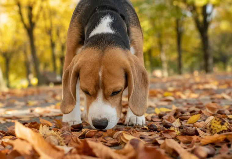 Beagle reniflant des marrons d'Inde tombés sur un chemin de parc couvert de feuilles d'automne