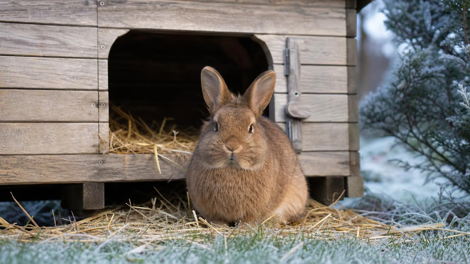 Lapin brun assis dans la paille à l'entrée d'un clapier en bois surélevé, un matin d'hiver givré au jardin