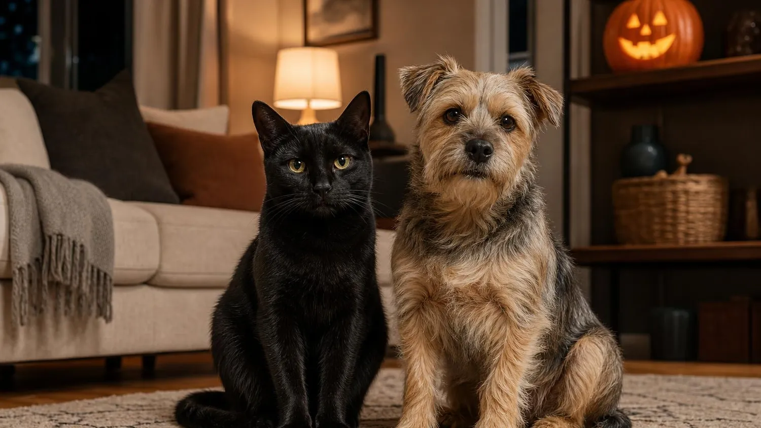 Chat noir et petit terrier assis tranquillement sur un tapis de salon, une citrouille sculptée posée en hauteur sur une étagère
