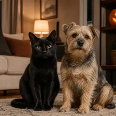 Chat noir et petit terrier assis tranquillement sur un tapis de salon, une citrouille sculptée posée en hauteur sur une étagère