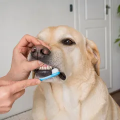 Labrador adulte assis calmement pendant qu'une main lui tient le museau et lui brosse les dents avec une petite brosse