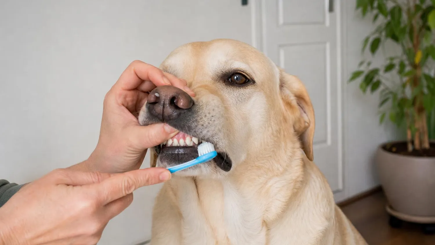 Labrador adulte assis calmement pendant qu'une main lui tient le museau et lui brosse les dents avec une petite brosse