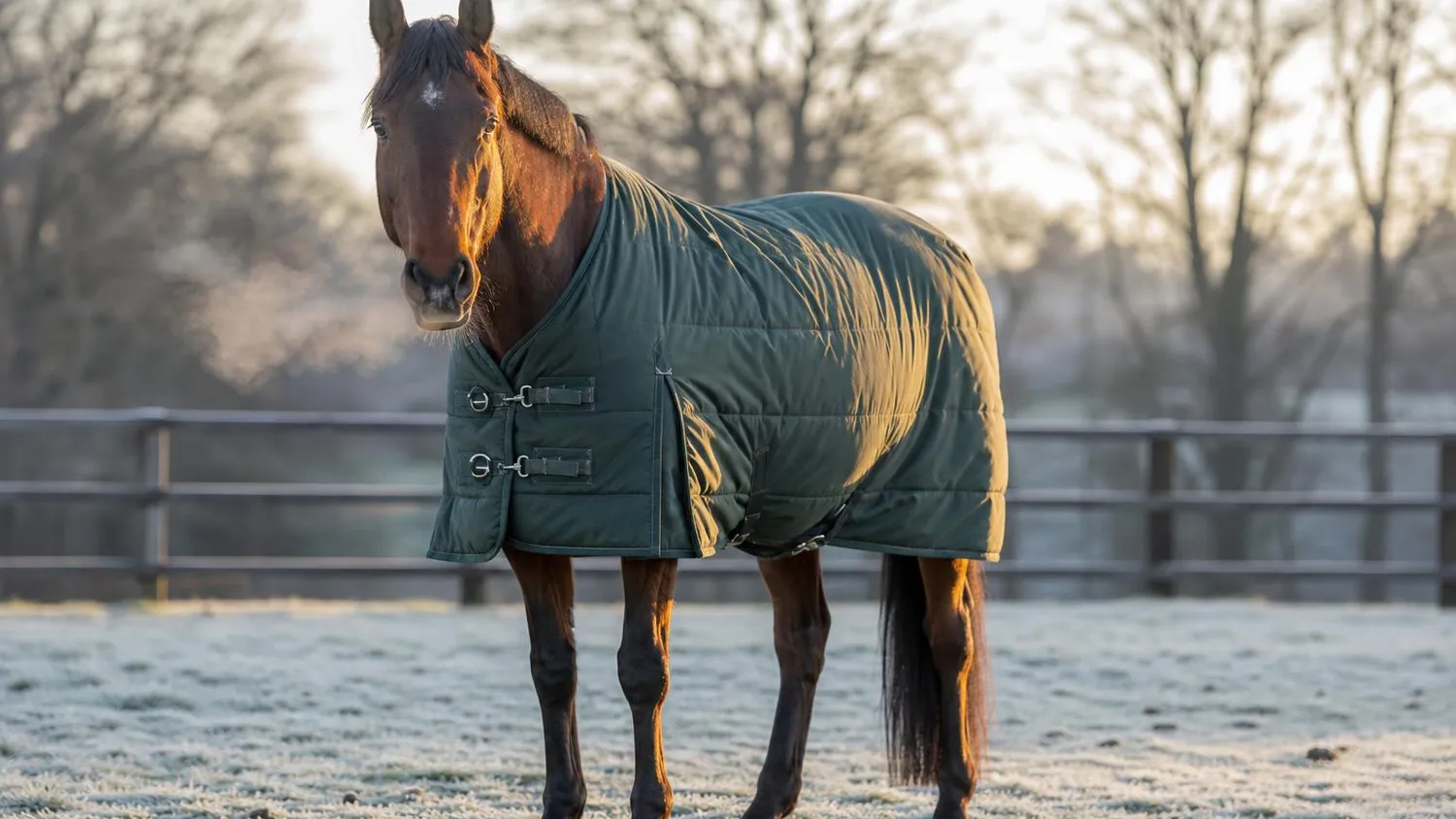 Cheval bai portant une couverture d'extérieur vert foncé dans un paddock givré, un matin d'hiver ensoleillé