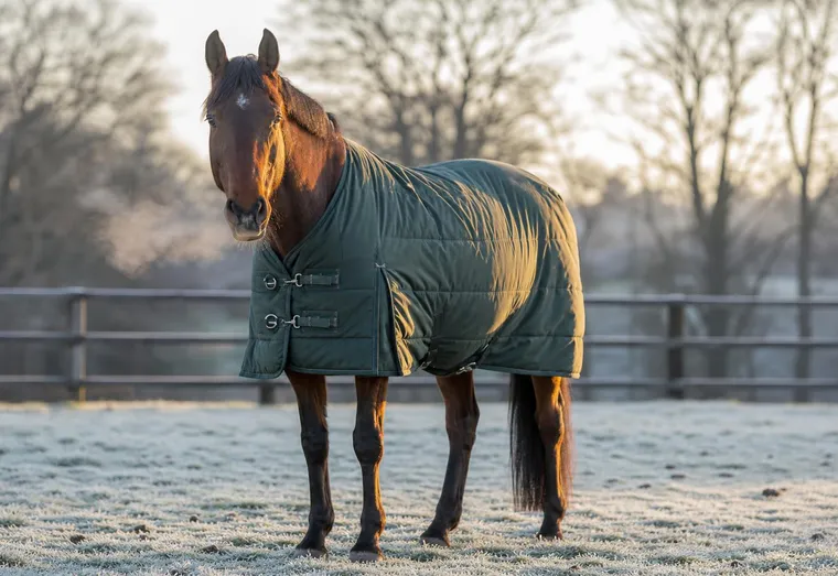 Cheval bai portant une couverture d'extérieur vert foncé dans un paddock givré, un matin d'hiver ensoleillé