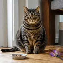 Chat tigré en surpoids assis à côté d'une petite gamelle et d'une canne à plumes sur un parquet clair
