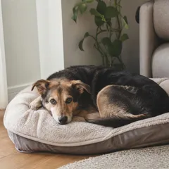 Chien adulte de refuge allongé calmement sur un panier neuf dans le coin tranquille d'un salon lumineux