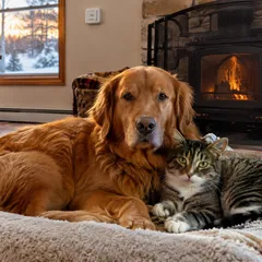 Chat et chien couchés ensemble dans un salon d'hiver près d'un poêle à bois protégé par une grille, un détecteur de monoxyde de carbone fixé au mur
