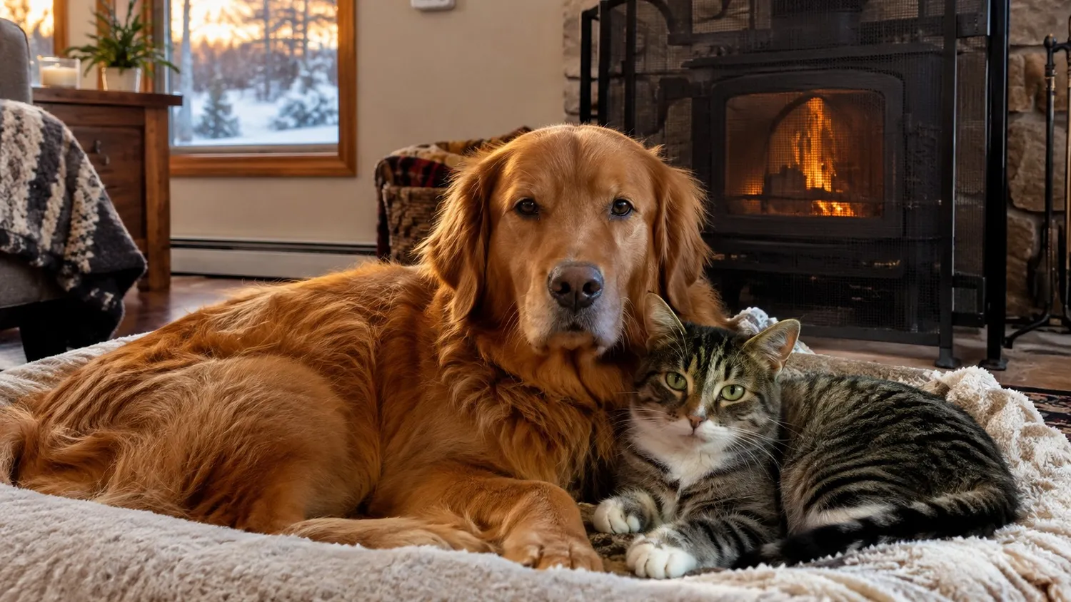 Chat et chien couchés ensemble dans un salon d'hiver près d'un poêle à bois protégé par une grille, un détecteur de monoxyde de carbone fixé au mur