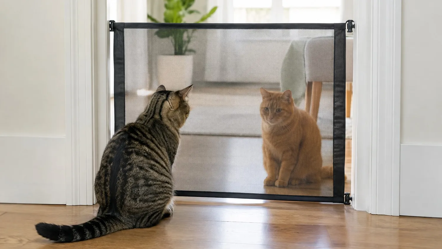 Deux chats qui s'observent calmement à travers une barrière grillagée posée dans l'encadrement d'une porte