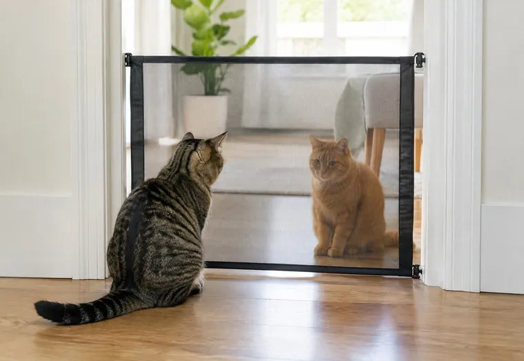 Deux chats qui s'observent calmement à travers une barrière grillagée posée dans l'encadrement d'une porte