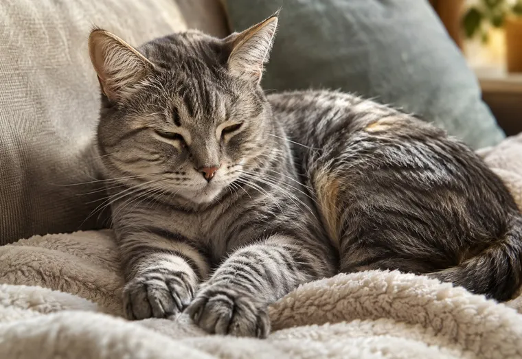 Chat tigré gris détendu, les yeux mi-clos, couché sur une couverture et pétrissant avec ses pattes avant
