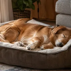 Chien de taille moyenne profondément endormi sur le côté dans son panier, pattes légèrement repliées, dans un salon à la lumière douce